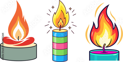 Vibrant collection of burning candle illustrations, showcasing diverse flame styles and colorful candle designs perfect for festive events, spiritual moments, or decorative graphic elements