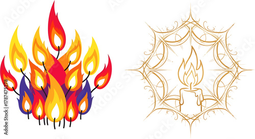 A collection of stylized fire and candlelight illustrations, showcasing a vibrant multi-colored bonfire and a serene decorative candle icon