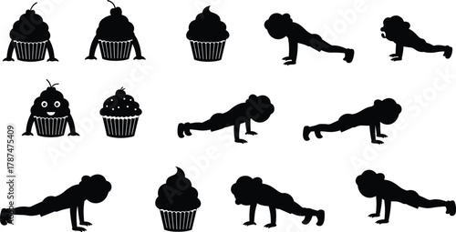 Grid of cupcakes and push‑up silhouettes mixing dessert characters with exercise poses, playful contrast of indulgence and fitness, humorous pattern