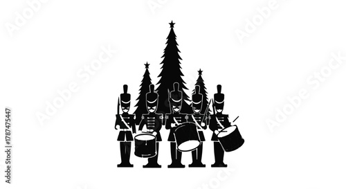 Toy soldiers with drums march past festive Christmas trees in a whimsical parade.