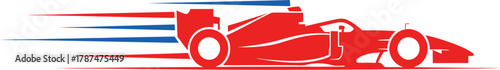 Vector illustration of a high-speed open-wheel racing car. A red silhouette with motion streaks, symbolizing velocity and competition in motorsports