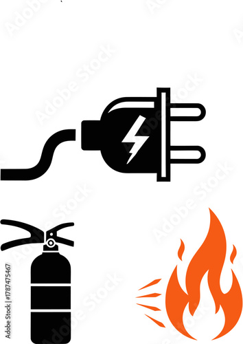 Fire Safety Icons Fire, Electrical Plug, and Fire Extinguisher – Essential Symbols for Safety
