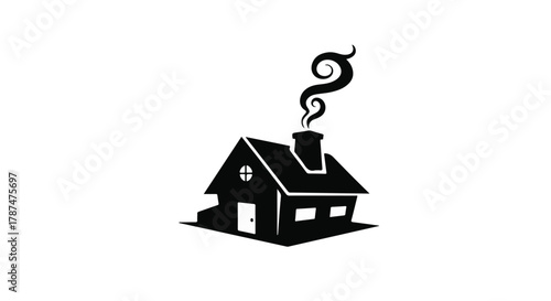 Cozy silhouette of a small house with smoke rising from the chimney, evoking warmth and home.
