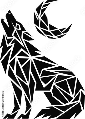 Geometric Low Poly Wolf Howling at Crescent Moon Vector: Abstract Animal Silhouette Design