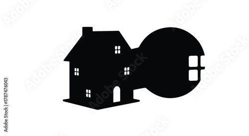 Symbolic silhouette of a house merging into a key, representing home ownership and access.