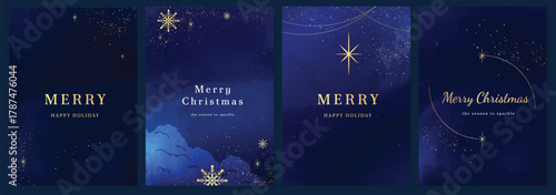 Christmas Luxury gold  invitation card design vector. Christmas pine leaves, snowflake with gold foil and spot texture on navy blue background. Design illustration for cover, print, poster, ads.