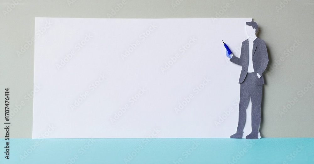 Fototapeta premium Paper figure presents before blank surface. Business concept, presentation, communication shown. Minimalist style, flat design.