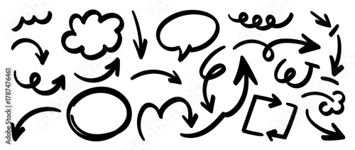 Hand drawn arrow vector set — doodle sketch curved arrows and symbols in black ink for notes and highlights