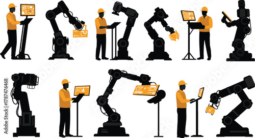 Human workers and robotic arms collaborating on factory floor, hard hats, safety vests, touchscreens, tablets, control panels, automation, industrial efficiency