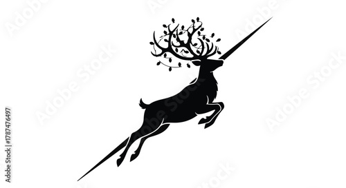 Whimsical stag silhouette with growing branches and a single horn, leaping against a white background.