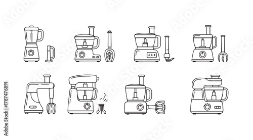 Collection of eight different food processor outlines in a clean silhouette style