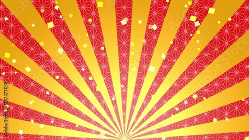 和柄　集中線　効果線　和風　麻の葉　文様　年賀　正月　お歳暮　初売り　成人式　日の出　キラキラ　サンバースト　豪華　華やか　派手　当選　特典　Japanese pattern.Festulatory light and confetti.Sunburst, Starburst.Loop video.