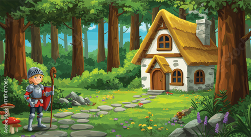 Brave knight standing near fairytale cottage in enchanted forest, medieval fantasy scene, storybook illustration, magical nature background, adventure art