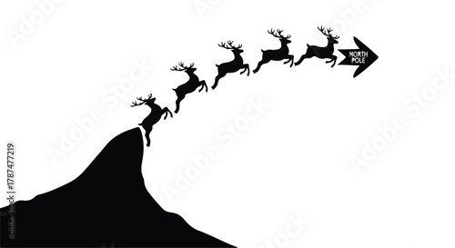 Reindeer leaping off a snowy peak towards the North Pole on a clear day