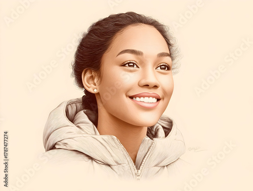 Portrait of a young woman smiles, with messy hair fluttering in the wind, shows emotions of calm, fun and carelessness, happiness and joy