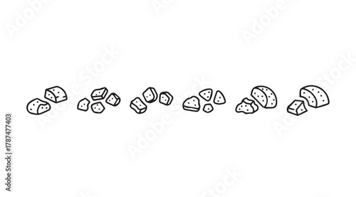 A simple hand drawn line art silhouette of various cheese cubes and wedges