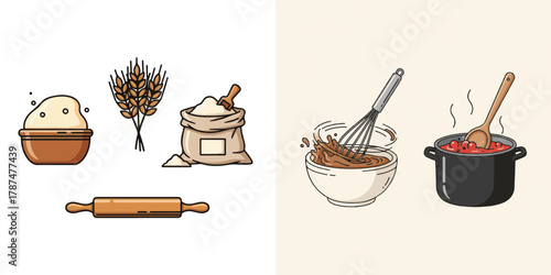 Flat Line Art Vector Illustration of Baking and Cooking Elements Set