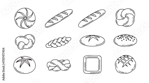 Collection of various bread types in a hand drawn sketch silhouette style