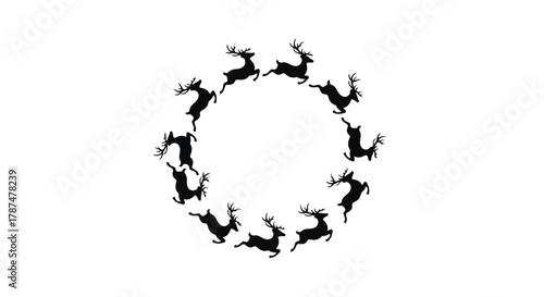Circular arrangement of leaping reindeer silhouettes against a clean white background