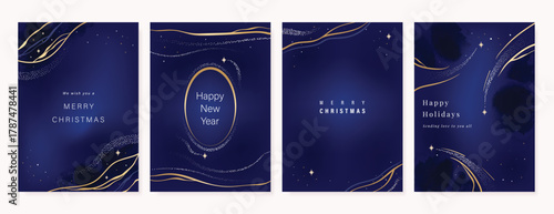 Christmas Luxury gold  invitation card design vector. Christmas pine leaves, snowflake with gold foil and spot texture on navy blue background. Design illustration for cover, print, poster, ads.