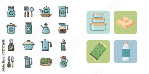Collection of Flat Line Art Eco-friendly Kitchen and Storage Icons