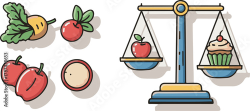 Flat Vector Illustration Comparing Healthy Fruit and Unhealthy Cupcake on Scale