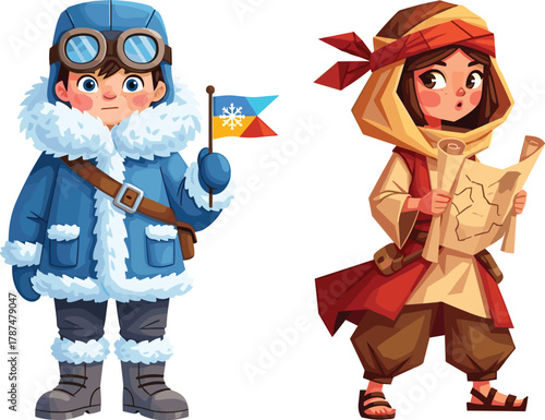 Cartoon explorer boy and desert traveler girl, adventure characters illustration, winter and desert outfit, discovery, exploration, travel, map, and expedition concept