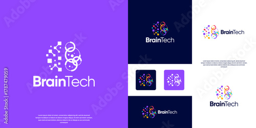 Abstract human brain-shaped pixel series logo, colorful style, electrical network system, vector design template.