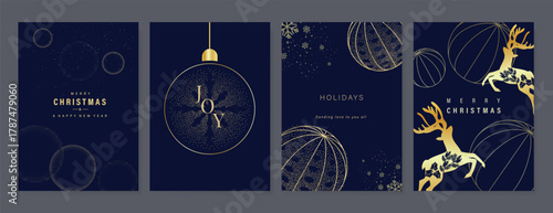 Christmas Luxury gold  invitation card design vector. Christmas pine leaves, snowflake with gold foil and spot texture on navy blue background. Design illustration for cover, print, poster, ads.