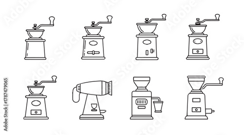 Collection of vintage and modern coffee grinder silhouettes with handles and cranks silhouette