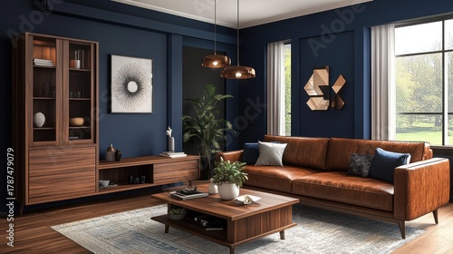 Modern living room interior design, leather sofa, blue walls, garden view