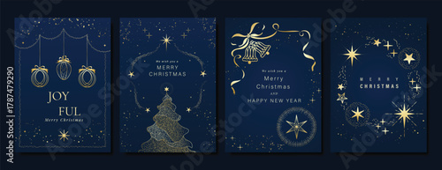 Christmas Luxury gold  invitation card design vector. Christmas pine leaves, snowflake with gold foil and spot texture on navy blue background. Design illustration for cover, print, poster, ads.