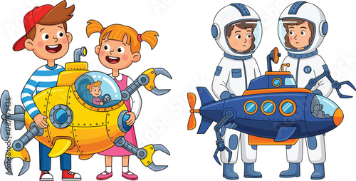 Cartoon kids exploring science with submarine and astronauts, space exploration, underwater adventure, STEM education, creativity and imagination illustration