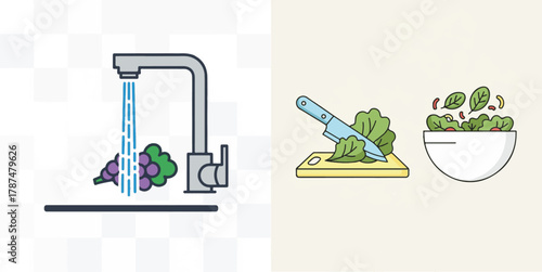 Flat Line Art Illustration of Healthy Food Preparation in Kitchen