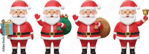 Santa Claus cartoon character set, Christmas festive poses with gift, sack, bell, cheerful holiday illustration, merry seasonal celebration design
