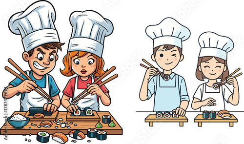 Cartoon kids making sushi together, young chefs cooking Japanese food, teamwork in kitchen, learning culinary skills and Asian cuisine preparation