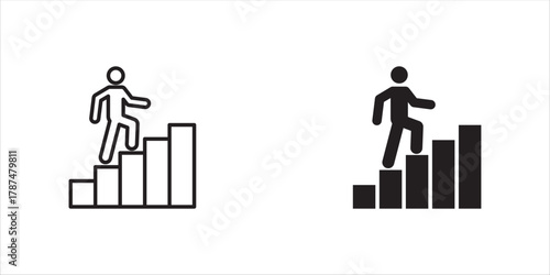 Career progress and goal achievement icon with a person climbing stairs towards a flag representing ambition success and reaching a target vector solid glyph icon vector illustration, eps10.
