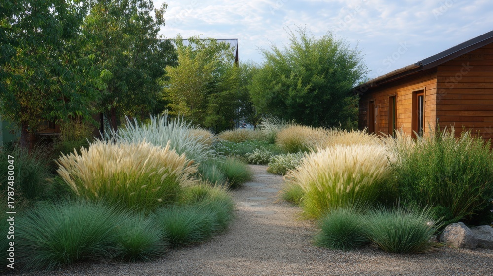 Obraz premium Gravel path winding through a garden with tall grasses and shrubs on either side. the path is made of small pebbles and is surrounded by trees and bushes.