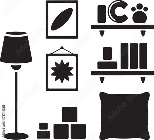 Home decor icons featuring a lamp, shelves, pictures, cubes, and a pillow in silhouette form