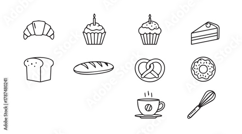 Collection of bakery and pastry icons in a simple hand drawn silhouette style
