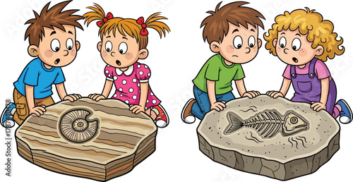 Children discovering fossils, learning about dinosaurs and ancient life, cartoon vector illustration of kids studying paleontology, science and education concept