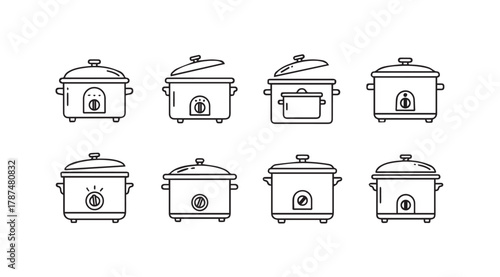 Collection of eight different rice cooker icons in a simple line drawing silhouette style