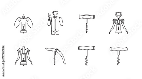 Collection of various corkscrew designs and a sommelier silhouette