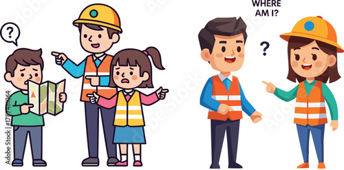 Lost people asking for directions with construction workers, confused travelers holding map, cartoon illustration of help and guidance, vector art