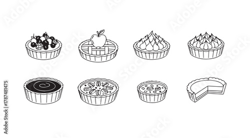 Collection of eight different dessert silhouettes in a simple line drawing style