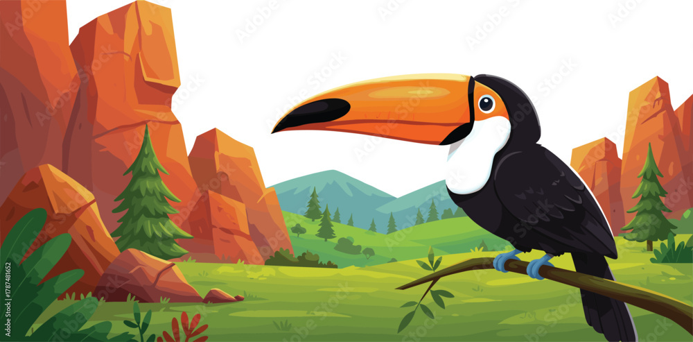 Fototapeta premium Cartoon toucan perched on branch in tropical landscape with mountains, pine trees, grassy fields, red rocks, blue sky illustration