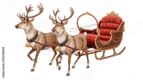 Two Reindeer Pulling A Vintage Style Sleigh With Red Upholstery And Gold Trim On A White Background
