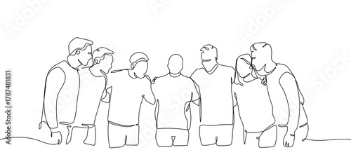 A group of people hugging each other in a circle, one continuous line. Minimalist linear design. Editable stroke.