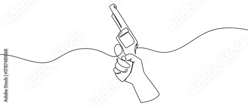 Hand holding a revolver, one continuous line Minimalist linear design. Editable stroke.