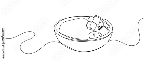 Sugar in a wooden cup, one continuous line Minimalist linear design. Editable stroke.